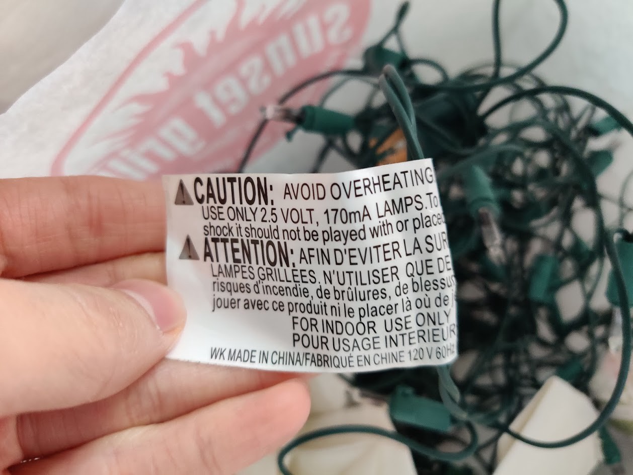 The warning label from my removed string of lights.